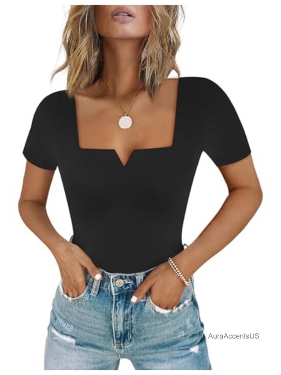 Other - Women's Square Neck Bodysuit Thong Bottom Double Lined Slim Fit Short Sleeve